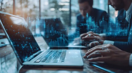 Businessperson Working on Laptop with Digital Data Overlay