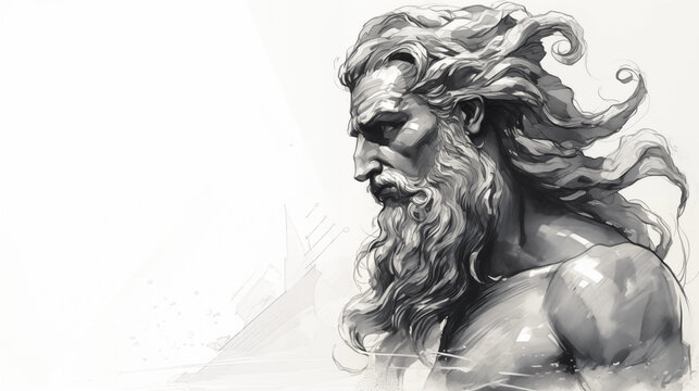Zeichnung / Skizze von Gott Neptun / Poseidon. Profil. Auf wei&szlig;em Hintergrund