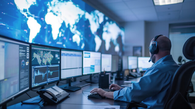 A logistics command center monitoring supply chain activities with multiple screens
