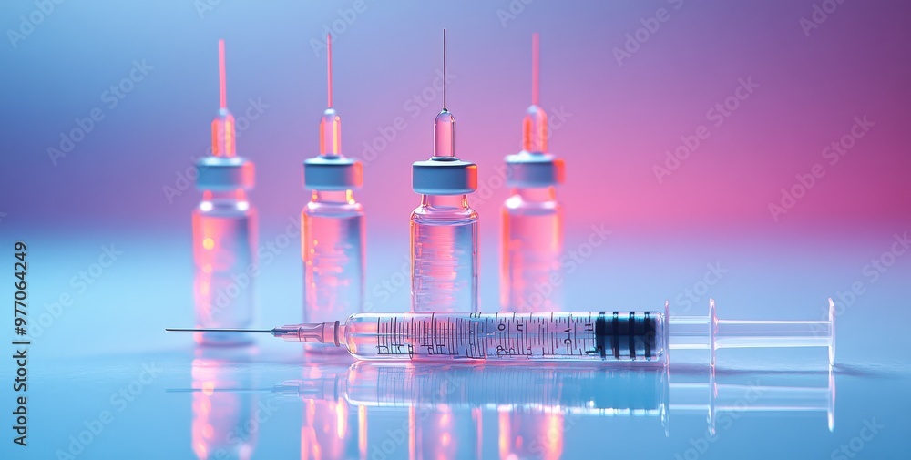 Aufkleber medical syringes and vials on a reflective surface with a gradient background in soft light