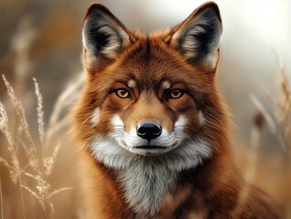 Dhole, Cuon alpinus, gazing in the savanna