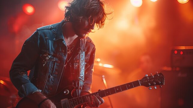 A passionate musician strums his electric guitar during a vibrant live performance amidst colorful lights. Generative AI