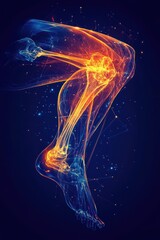 Abstract depiction of a human knee with highlighted pain areas in a colorful digital illustration