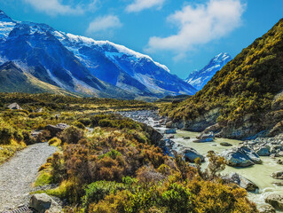 Hooker Valley Track in the middle in Aoraki National Park, South Island, New Zealand