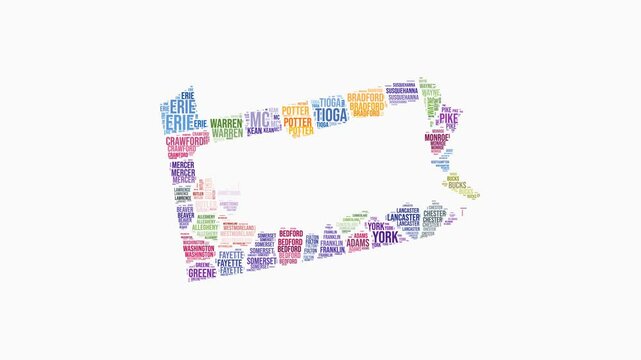 Pennsylvania counties word cloud animation. State logo animated video. Pennsylvania colored text cloud. Counties typography style motion graphics. Classy video.