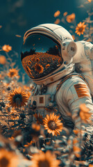 An astronaut surrounded by bright sunflowers in a surreal landscape on a distant planet during golden hour