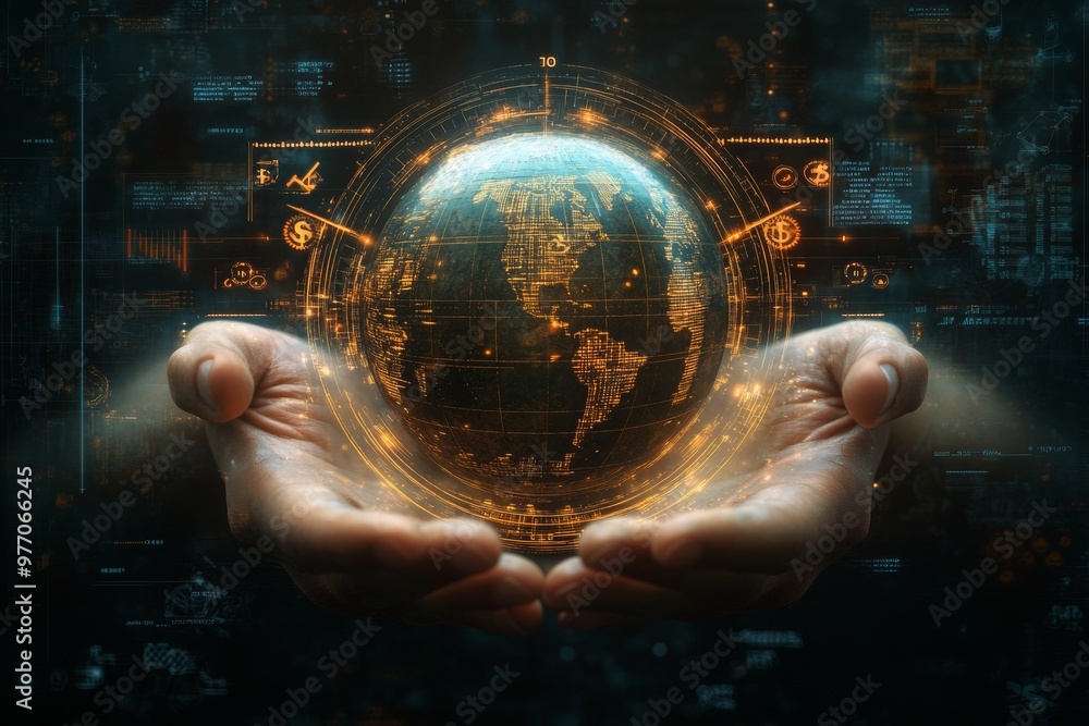 Poster a pair of hands holding digital hologram of detail globe surrounded by various currency symbols inte