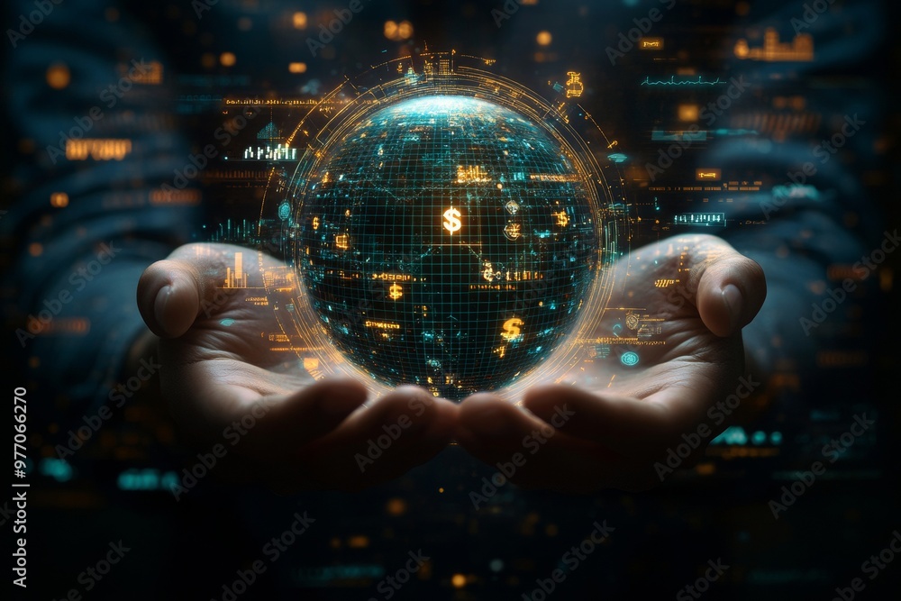 Poster a pair of hands holding digital hologram of detail globe surrounded by various currency symbols inte