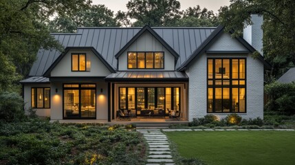 blend of modern and traditional, this modern farmhouse exterior combines sleek metal roof and black window frames for a stylish mix of contemporary and traditional design