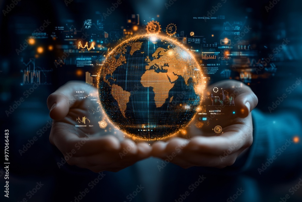 Poster a pair of hands holding digital hologram of detail globe surrounded by various currency symbols inte