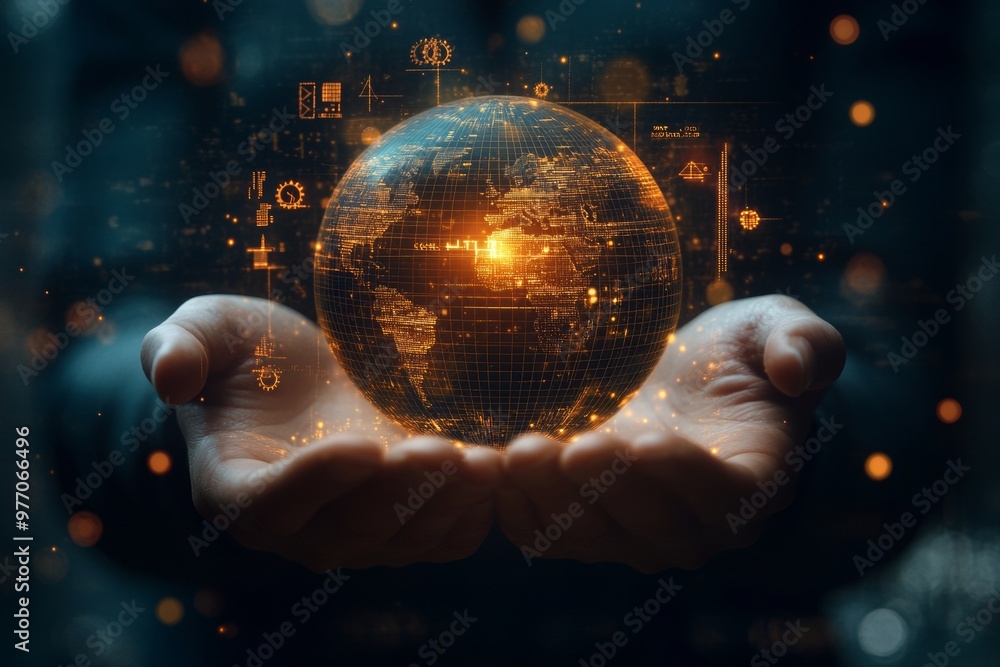 Poster a pair of hands holding digital hologram of detail globe surrounded by various currency symbols inte