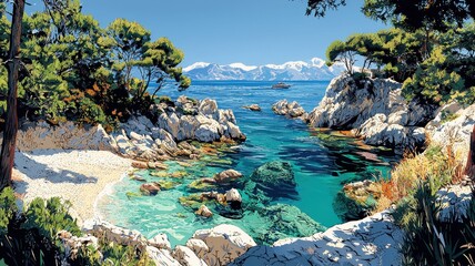 Breathtaking coastal scene featuring clear waters, rocky shores, and lush greenery under a vibrant blue sky.
