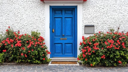 Bright blue door framed by vibrant flowers, creating a welcoming entrance to a charming home.