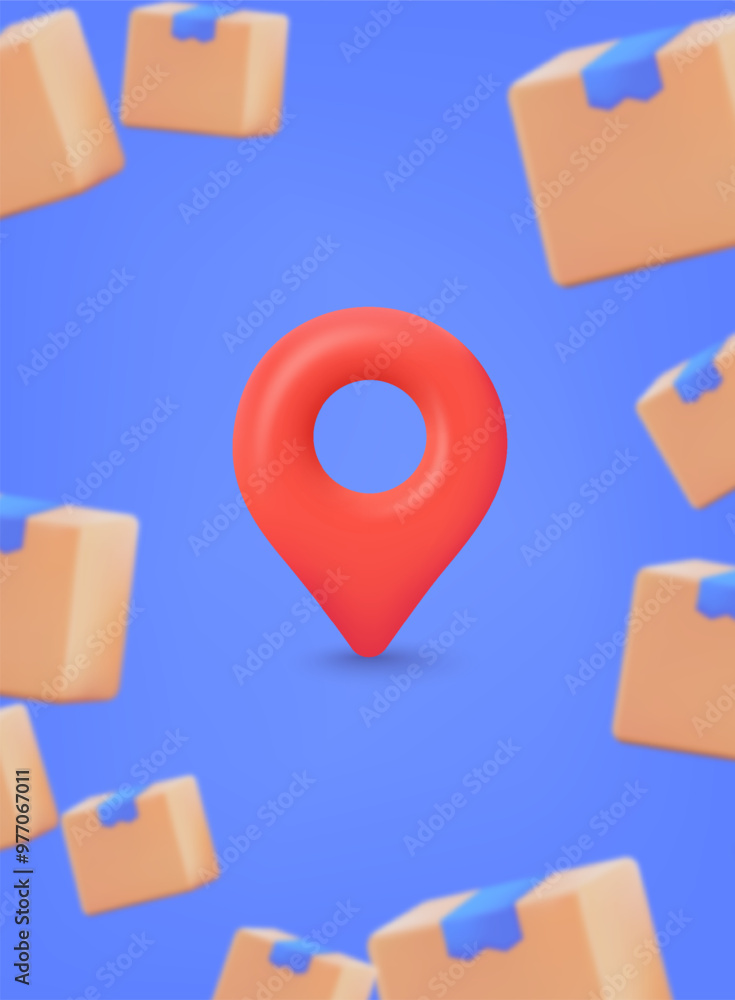 Poster carton delivery packaging box with fragile signs. delivery point. 3d vector illustrations.