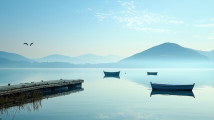 Serene lakeside scene featuring calm water, distant mountains, and fishing boats under a clear sky, perfect for relaxation.