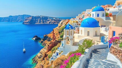 Naklejka premium Stunning coastal view of traditional white buildings with blue domes overlooking the crystal-clear waters of Santorini, Greece.
