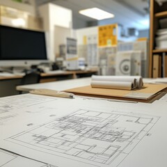 a paper blueprint for a new building on a white desk.