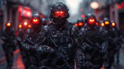 Naklejka premium A futuristic formation of heavily armed soldiers advancing through a neon-lit urban landscape at dusk. Generative AI