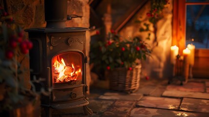 Heated stove in an attractive medieval lodge on a chilly winter morning