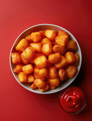 Spanish Patatas Bravas close up on a bold vivid background
