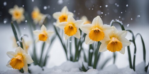 Obraz premium Blooming Daffodil in snow with snowflakes.