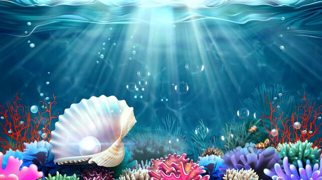 A pearl inside a shell with fish, and sunlight filtering through water. 