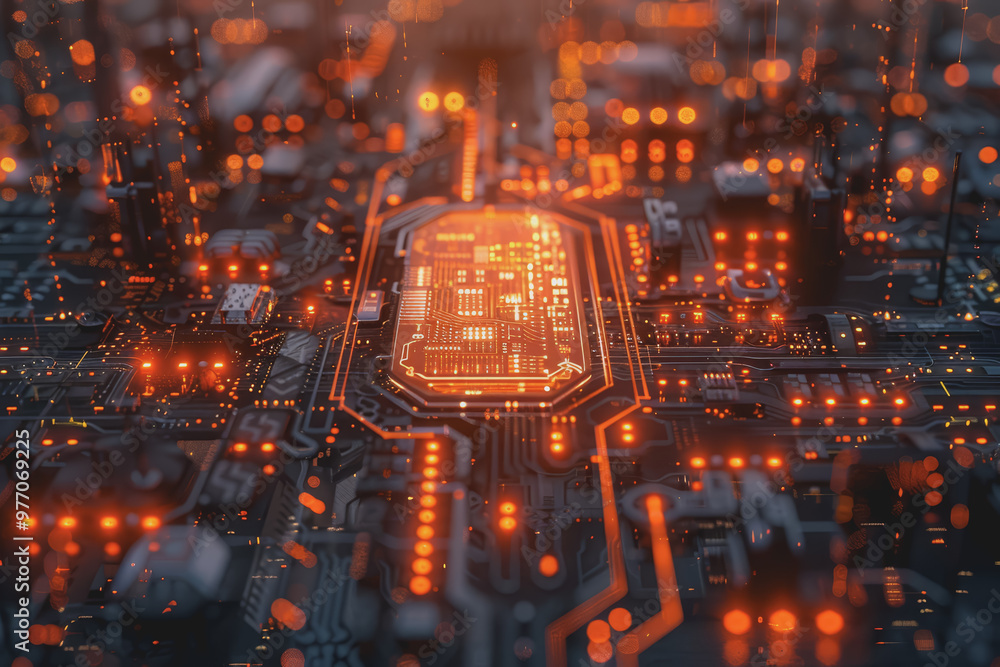 Poster computer concept for development in the digital age in unclear details, technology concept.