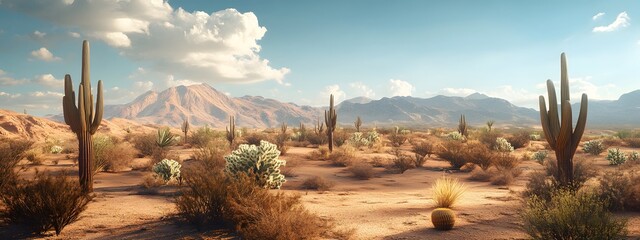 Cinematic shot of the Arizona desert with cacti and mountains in the background, sunny day