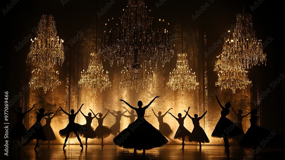 Wall mural Silhouettes of dancers performing under a grand chandelier in a dark, atmospheric setting 