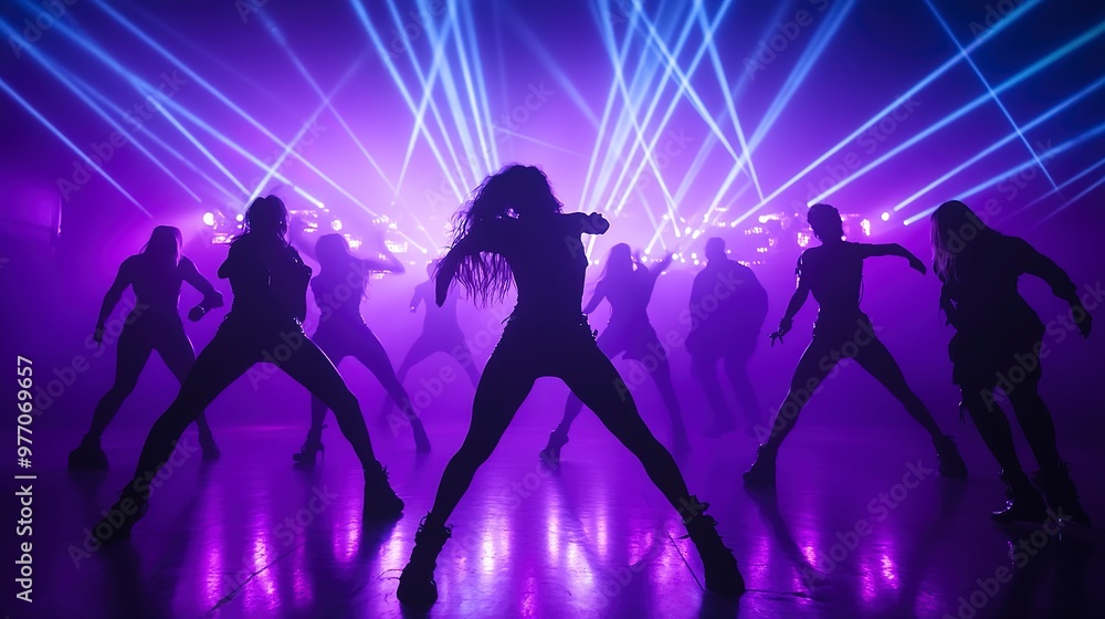 Sticker Silhouetted dancers move energetically in a club, illuminated by dramatic purple and blue lights, creating an electrifying atmosphere. 