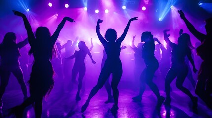 Silhouetted dancers move energetically in a club, illuminated by dramatic purple and blue lights, creating an electrifying atmosphere.