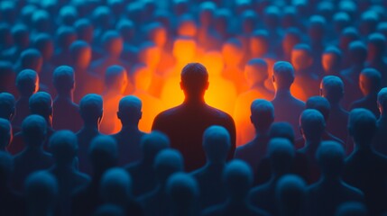 A person wearing dark glowing orange is standing in the center of an audience, facing backward with their back to us.