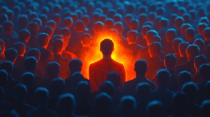 Fototapeta premium A person wearing dark glowing orange is standing in the center of an audience, facing backward with their back to us.