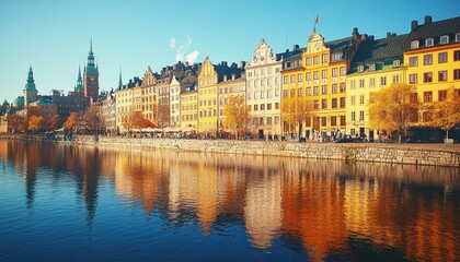 Fototapeta premium Stockholm, Sweden Colorful historic houses on the waterfront of Old Town reflecting in the water.