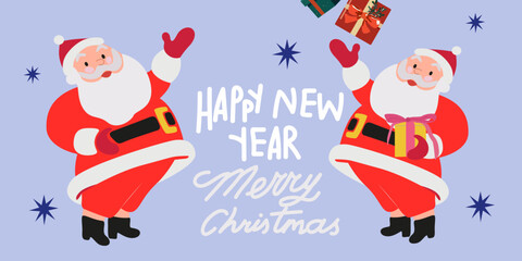 Vector flat icons and character for Christmas Card. Merry Christmas and Happy New Year greeting card. Santa Claus characters with gifts, bottle of champagne and mail for postcards