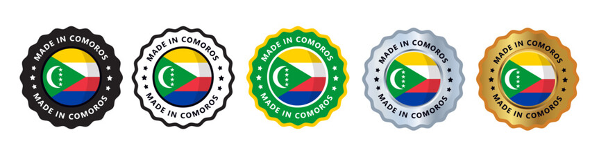Made in comoros set of sign stamp badge, with varian color green yellow, silver, gold, black suitable for products manufactured, military, agriculture or food vector illustration eps editable text