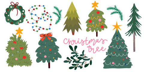 Set of various Christmas trees, toys and gifts. Winter holiday. Merry Christmas and Happy New Year vector flat elements