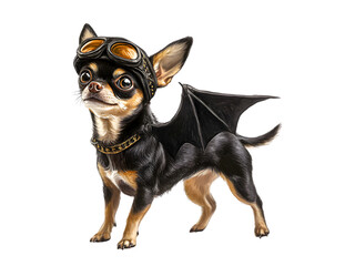 Chihuahua dog standing in Halloween Bat suit costume isolated on transparent background PNG