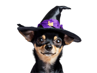 Close up of Chihuahua dog in Halloween witch hat costume isolated on transparent background PNG, Upper Body