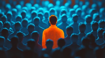 A person wearing dark glowing orange is standing in the center of an audience, facing backward with their back to us.