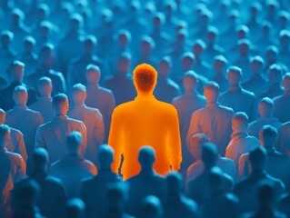 A person wearing dark glowing orange is standing in the center of an audience, facing backward with their back to us.