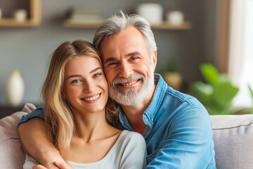 Happy mature husband and wife sit rest on couch at home hugging and cuddling, show care affection, smiling senior loving couple relax on sofa have fun, enjoy tender romantic family weekend together