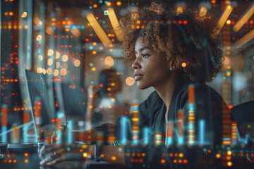 Double exposure of a corporate employee at a desk, combined with digital charts and graphs.