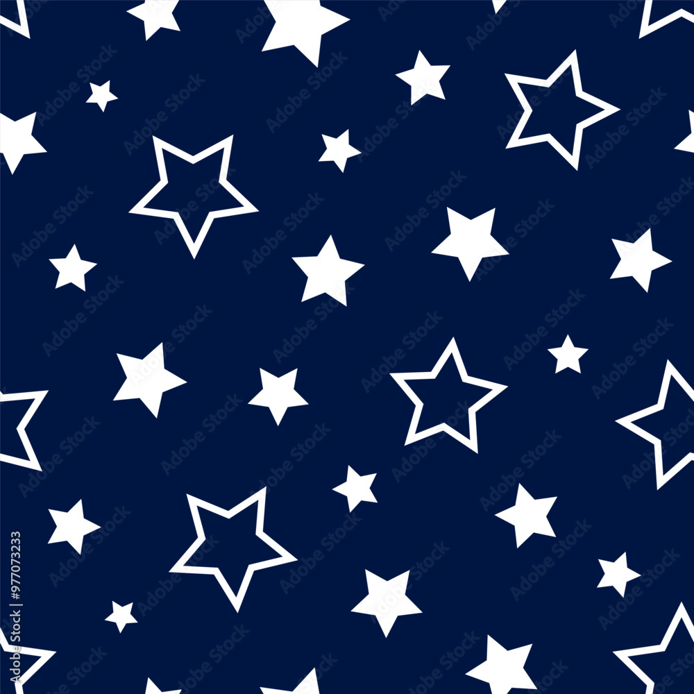 Poster star seamless pattern. repeating white stars in blue background. simple geometric shape. sky print. 