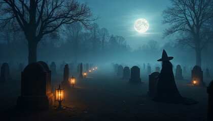 Foggy cemetery at dusk with eerie lanterns, a shadowy witch figure, and a full moon. halloween mode.






