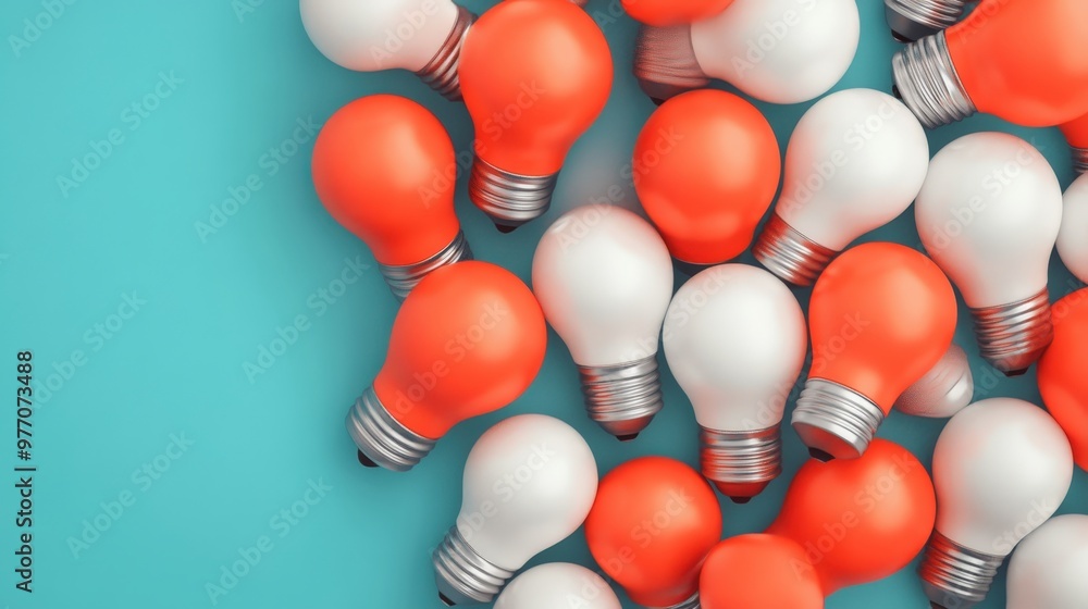 Poster exploring creativity with a cluster of vibrant lightbulbs on a bold background