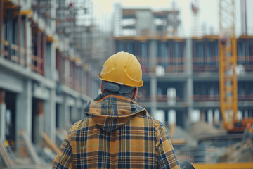 Focus on a charismatic architect, in the background construction for a mega warehouse cranes.