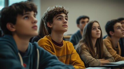 Fototapeta premium Group of attentive students listening in a classroom. Education and learning concept.