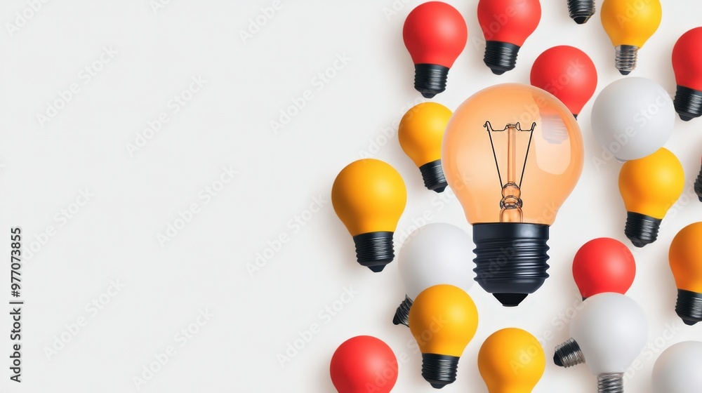 Poster a vibrant array of light bulbs symbolizing creativity and ideas in a bright setting