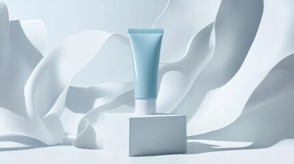 Blue cosmetic tube on a minimalist white background with flowing fabric. Luxury skincare product mockup.
